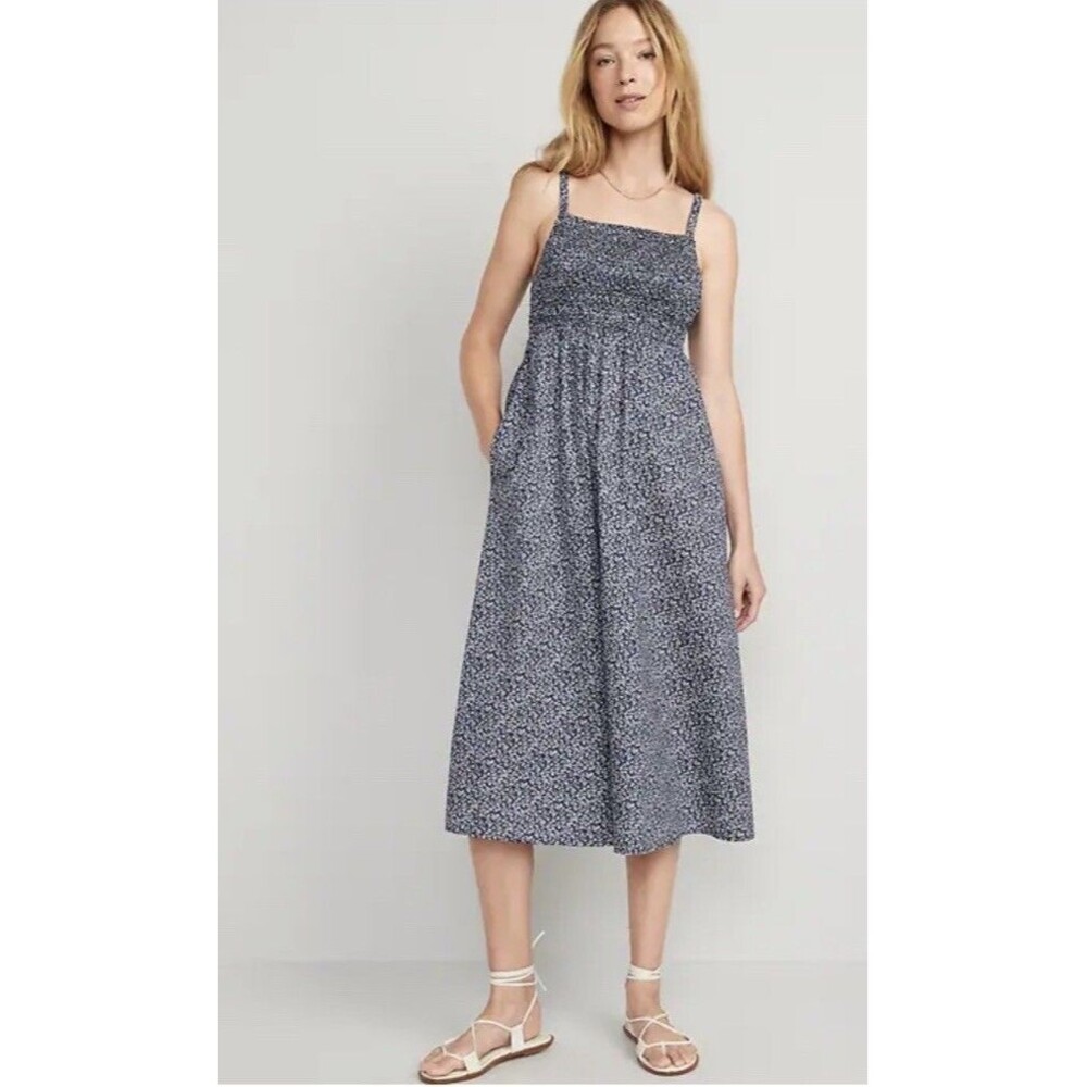 Old Navy‎ Fit & Flare Cottage-core Poplin Smocked Cutout Midi Dress Women's Sz S